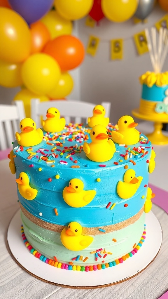 A colorful 5 Little Ducks themed cake with yellow ducks and blue frosting, perfect for a child